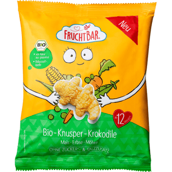 Kindersnack Knusper - Krokodile mit Mais, Erbse, Möhre, ab 12 Monaten, 30 g Baby Snack by FruchtBar – Available at VivaVoss