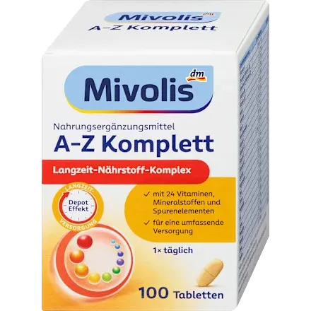 Weiße Mivolis A-Z Komplett Depot Tablettenschachtel mit 100 Stück, 24 Vitaminen und Mineralstoffen sowie Depot-Effekt.