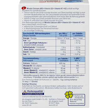 Calcium 600 + Vitamin D3 + K1 + K2, 30 St. Mivolis