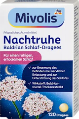 Weiße Schachtel Mivolis Nachtruhe Baldrian Schlaf-Dragees mit 120 Tabletten, Baldrianblüten-Motiv und nächtlichem Himmel.