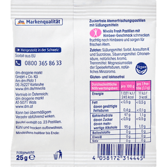 Pastillen, Himbeere, zuckerfrei Mivolis