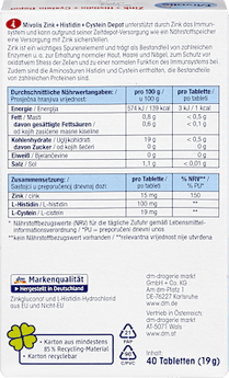 Zink + Histidin + Cystein Depot, Tabletten 40 St. Mivolis