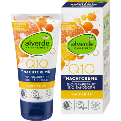 Alverde Q10 night cream made from natural coenzyme Q10, organic grapefruit extract, organic sea buckthorn oil and organic acerola extract