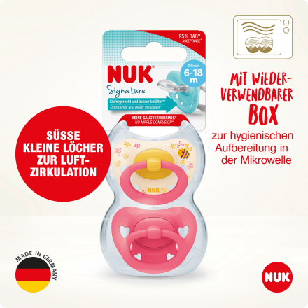 NUK
 Pacifier Signature Silicone, yellow/pink, 6-18 months, 2 pcs