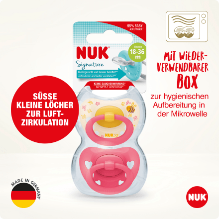 NUK
Schnuller Signature Silikon, gelb/pink, ab 18 Monate, 2 St