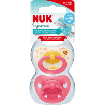 NUK Schnuller Signature Silikon, gelb/pink, 6 - 18 Monate, 2 St - VivaVoss