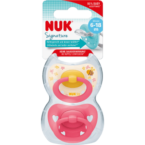 NUK Schnuller Signature Silikon, gelb/pink, 6 - 18 Monate, 2 St - VivaVoss