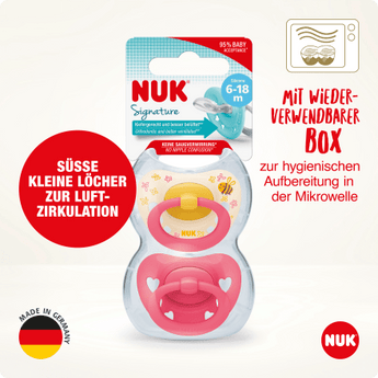 NUK Schnuller Signature Silikon, gelb/pink, 6 - 18 Monate, 2 St - VivaVoss
