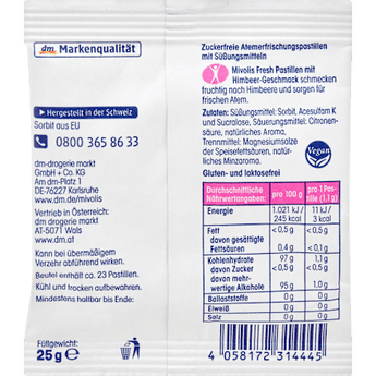 Pastillen, Himbeere, zuckerfrei Mivolis
