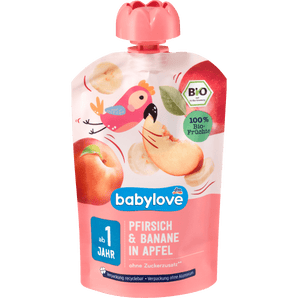 Quetschie Pfirsich & Banane in Apfel recyclebar ab 1 Jahr, 100 g Quetschie by BabyLove – Available at VivaVoss