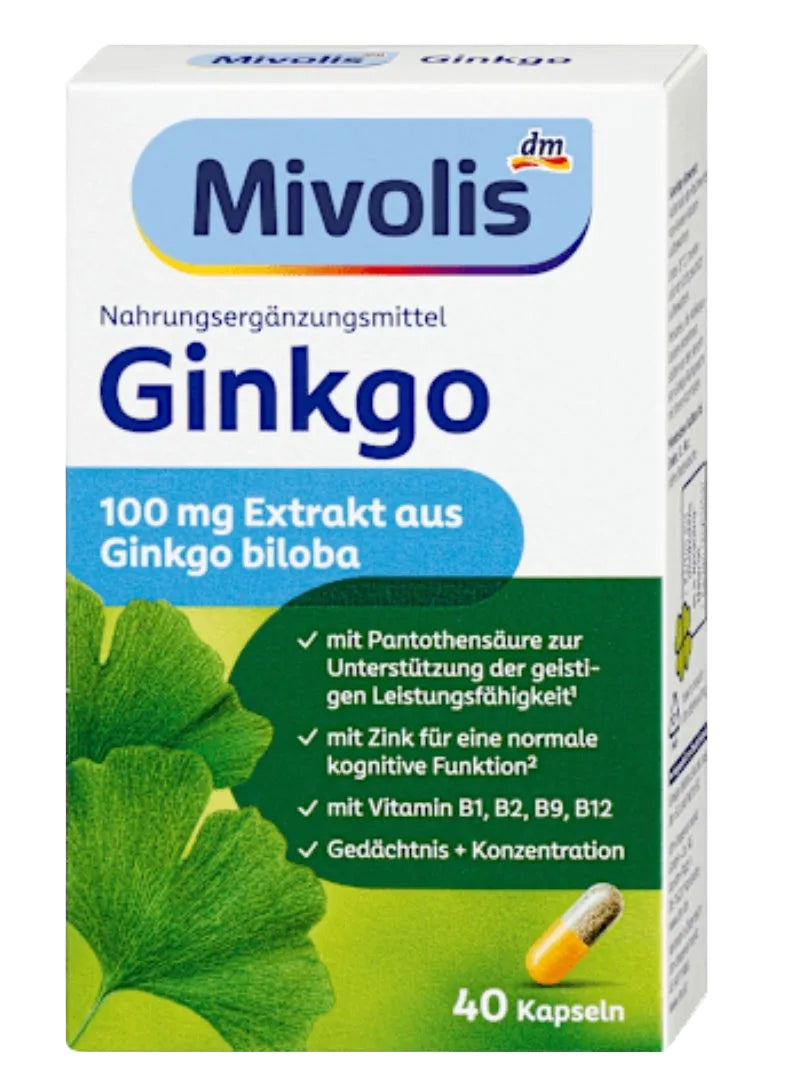 Mivolis Ginkgo Kapseln für Gedächtnis und Konzentration in weiß-grüner Verpackung mit 40 Kapseln und Ginkgo-Blatt-Motiv.