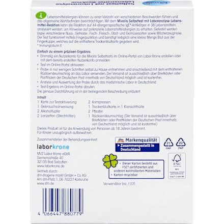 Self-test with laboratory analysis of food reactions, 1 application, 1 unit