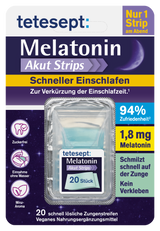 Framsidan av tetesept-förpackningen med 20 melatoninremsor, 1,8 mg melatonin per remsa