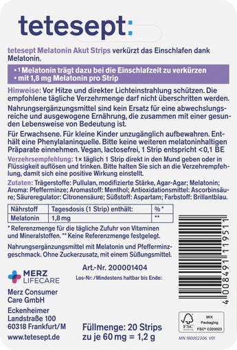 Baksidan av tetesept-förpackningen med ingredienser, användning och GTIN 4008491119511